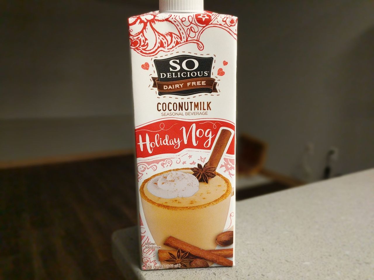 A carton of So Delicious Dairy Free Coconutmilk Holiday Nog