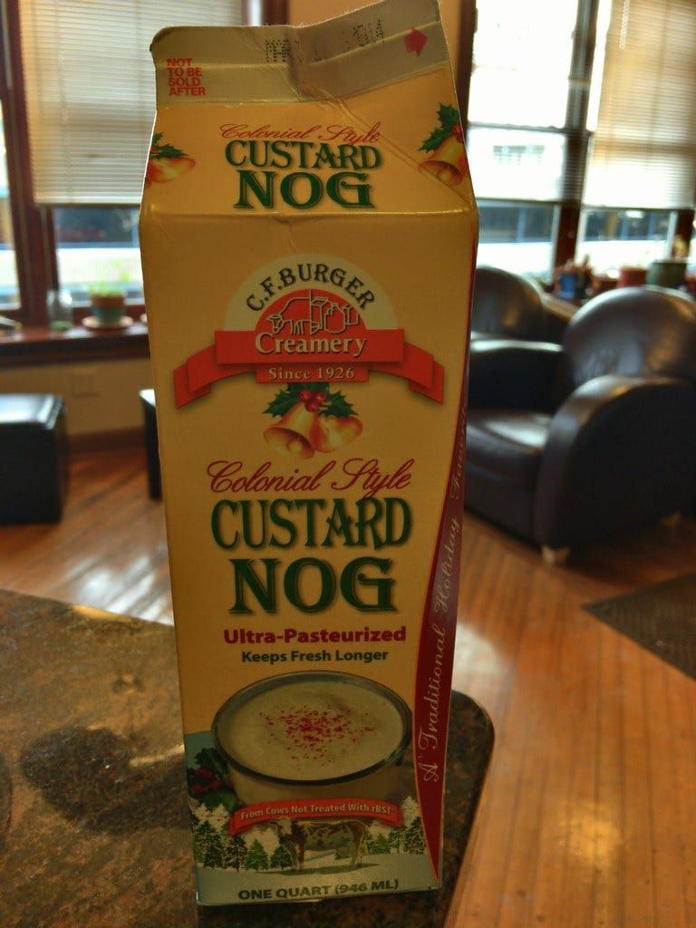An opened carton of C.F. Burger Colonial Style Custard Nog